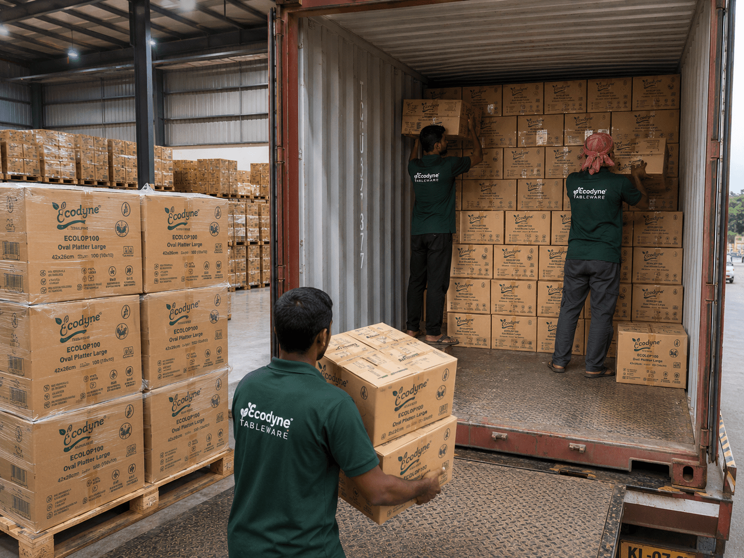 Container loading at the Ecodyne Karnataka manufacturing facility — three Ecodyne Tableware staff in branded uniforms loading Ecodyne-branded export cartons (ECOLOP100 oval platter cartons) into a 40-foot high-cube container at the loading bay; palletised cartons stacked deep in the warehouse foreground.