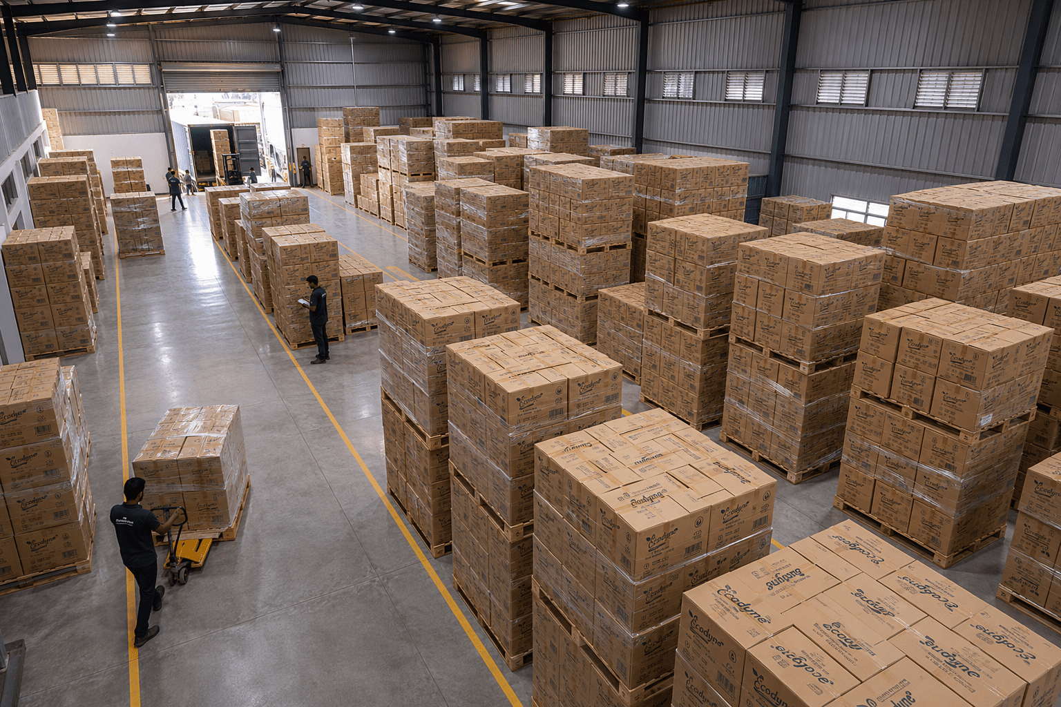 Overhead warehouse view of the Ecodyne Karnataka facility showing the standing inventory of palletised Ecodyne-branded export cartons — dozens of pallets stacked across the warehouse floor with yellow safety lane markings, two Ecodyne staff in branded uniforms (one with clipboard, one operating a pallet jack), loading bay open at the rear with container being filled.