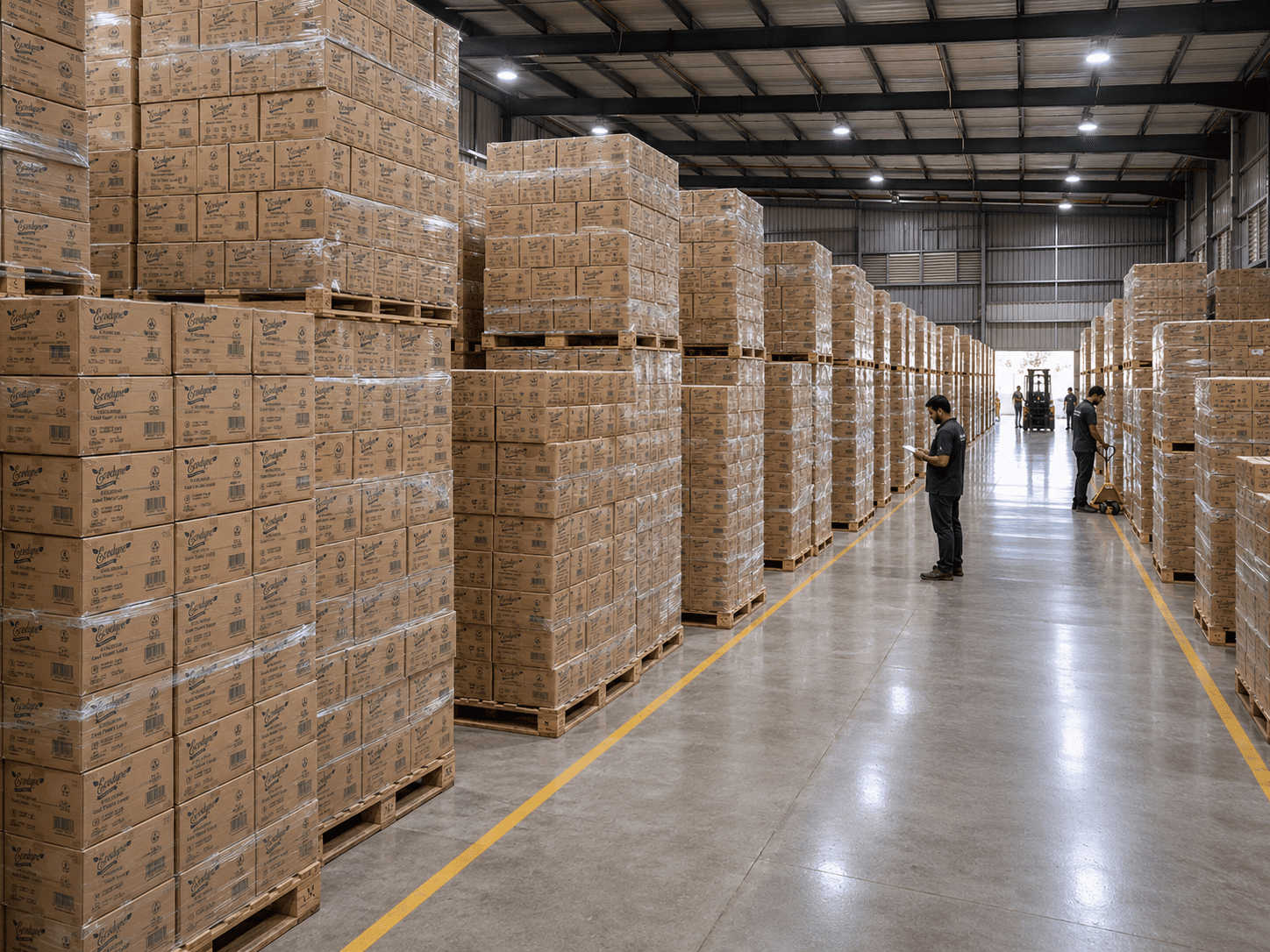 Wide-angle aisle view inside the Ecodyne Karnataka warehouse — tall pallet stacks of Ecodyne-branded export cartons in shrink-wrapped poly extending down both sides of a central aisle, professional warehouse lighting and yellow floor markings, Ecodyne staff in branded uniforms and forklift visible in the distance at the loading bay.